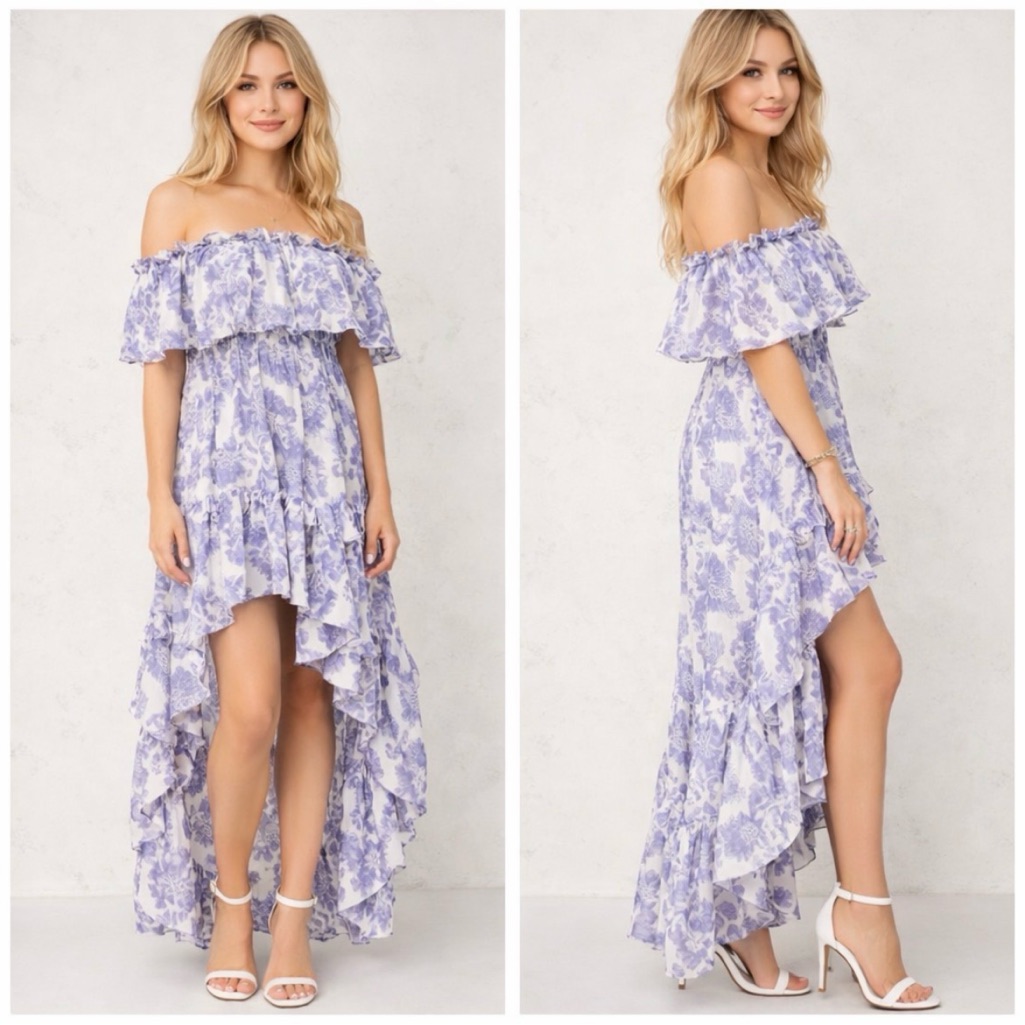 Loveshackfancy Alexia Floral Off The Shoulder Ruffle Dress In Sea Small
